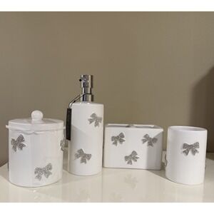 Rachel Zoe Ceramic Crystal Rhinestone Ribbons Bows Bathroom/Vanity Set 4~New ~